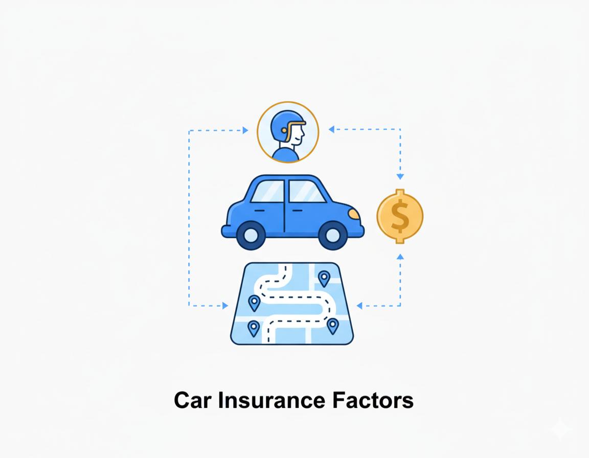 An abstract illustration representing the various factors of car insurance, such as a driver, a car, a map, and a dollar sign, all interconnected.