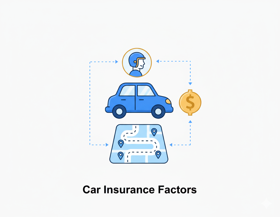An abstract illustration representing the various factors of car insurance, such as a driver, a car, a map, and a dollar sign, all interconnected.