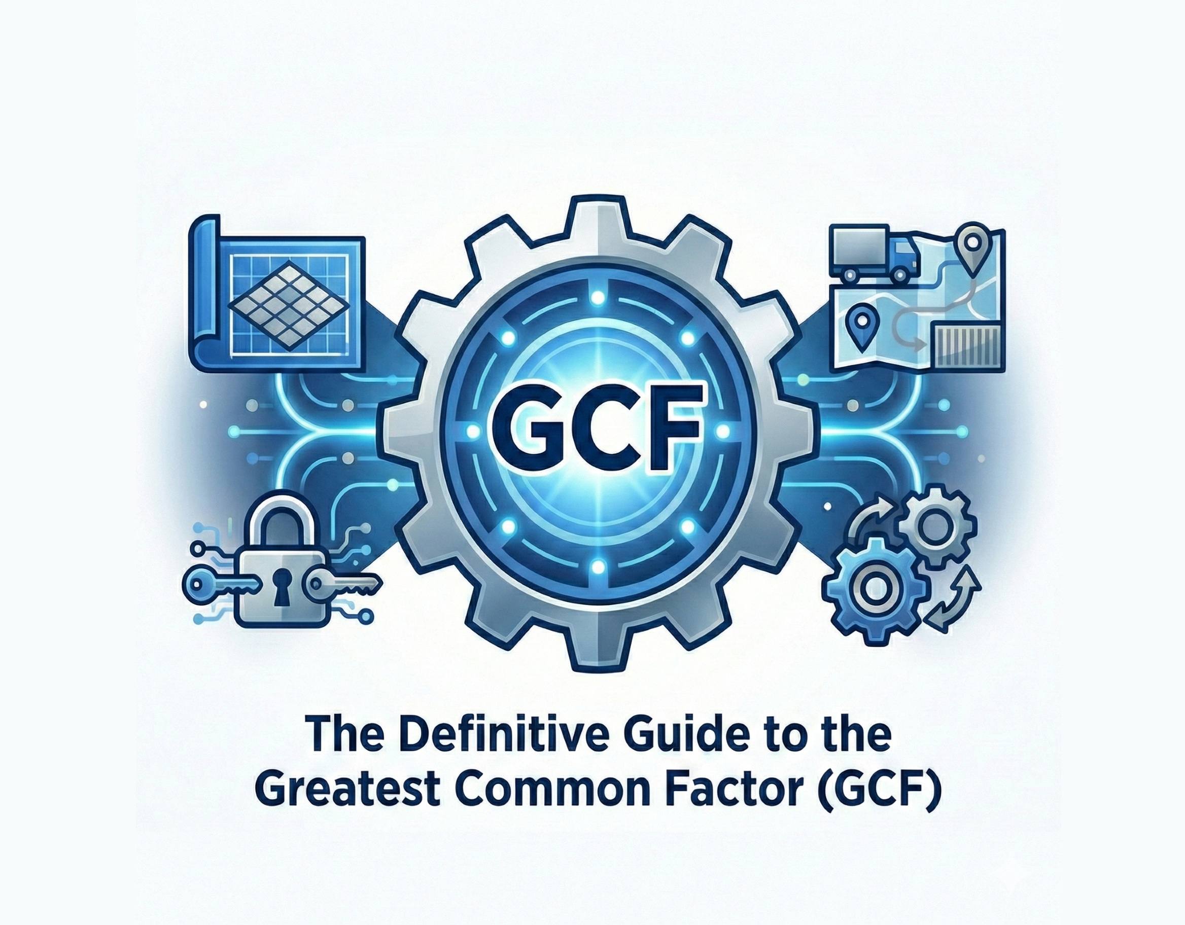 A graphic featuring a central gear labeled 'GCF' and the title: 'The Definitive Guide to the Greatest Common Factor (GCF).'