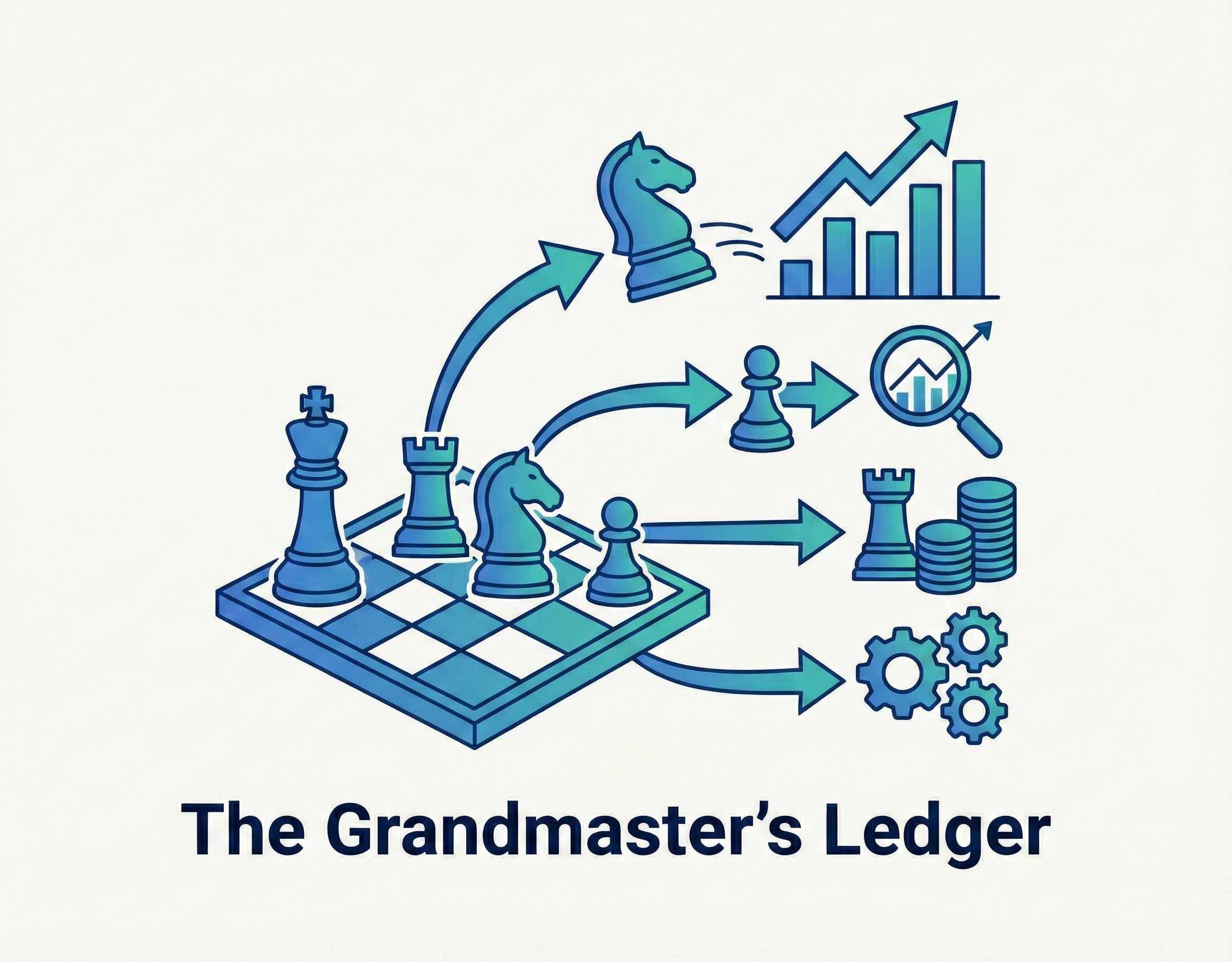 An artistic composition featuring a chess King and Queen set against a backdrop of a digital business dashboard and stock market charts.