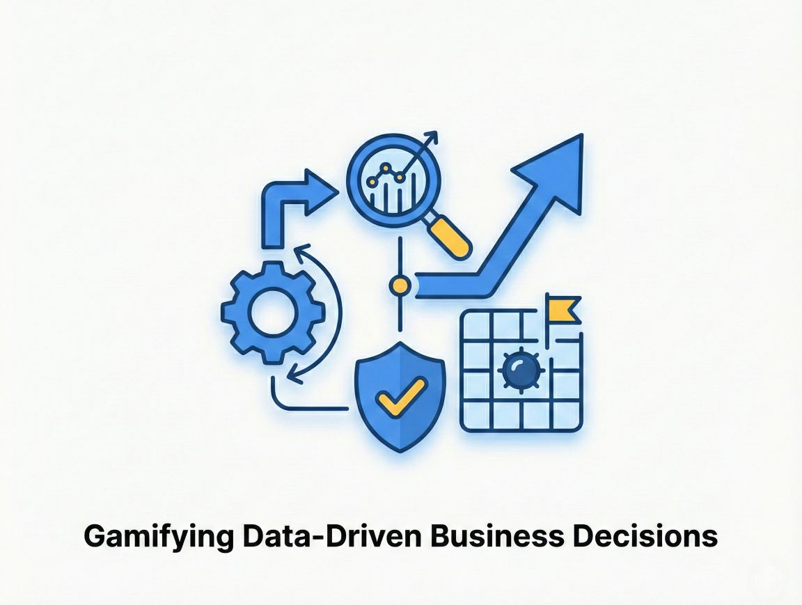 A minimalist vector illustration featuring interconnected blue and yellow icons representing business strategy: a gear mechanism, a magnifying glass analyzing a graph, a shield with a checkmark, and a Minesweeper grid. A large arrow trends upward, and the text below reads "Gamifying Data-Driven Business Decisions."