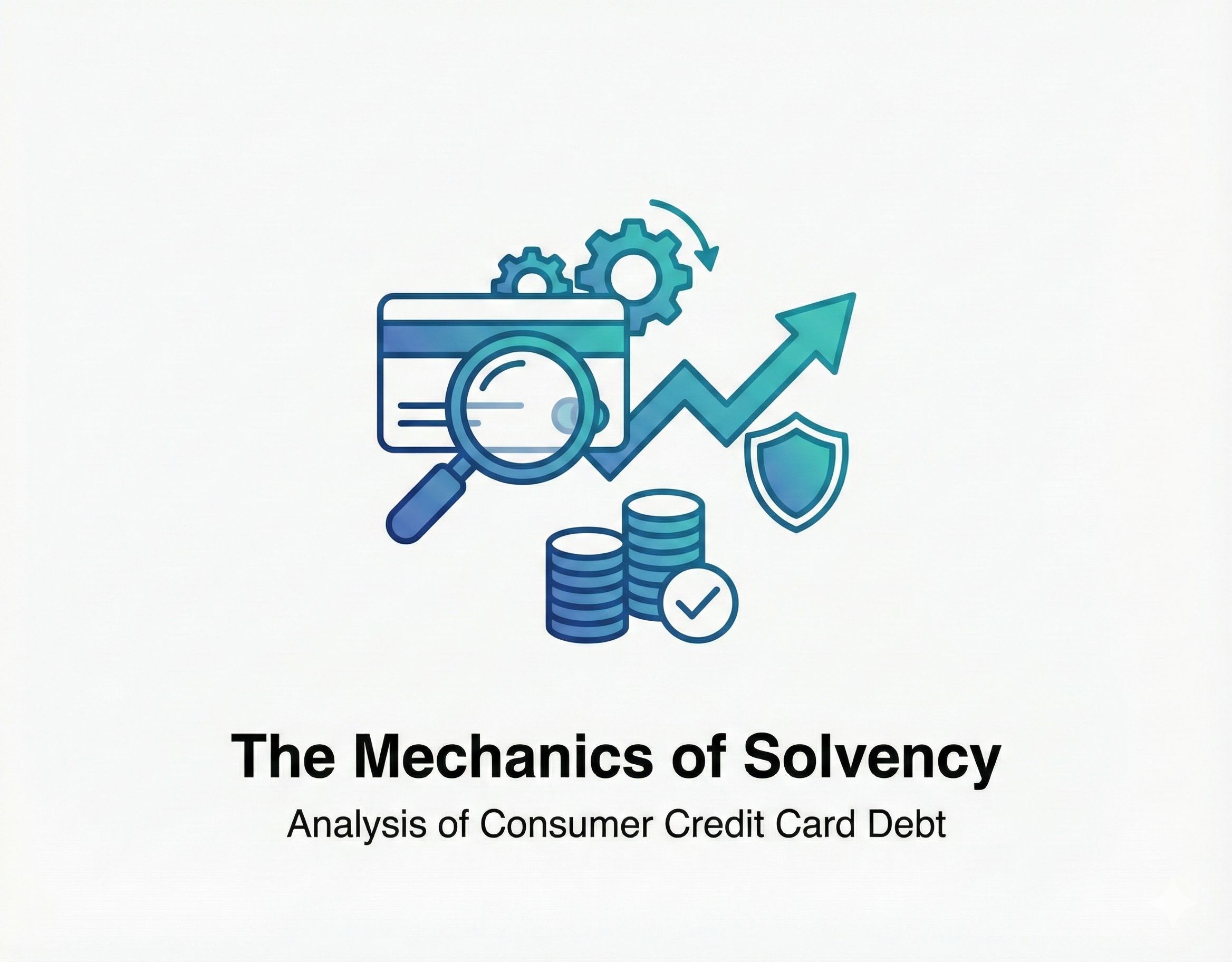 A graphic titled 'The Mechanics of Solvency: Analysis of Consumer Credit Card Debt.' The illustration features a collection of blue and teal icons: a credit card being examined through a magnifying glass, rotating gears, an upward-trending arrow, a security shield, and two stacks of coins with a checkmark
